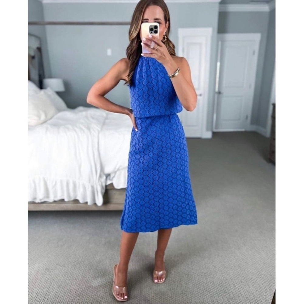 A New Day Blue Crochet‎ Lace Halter Midi Dress | 100% Cotton | Size Small - Picture 8 of 17